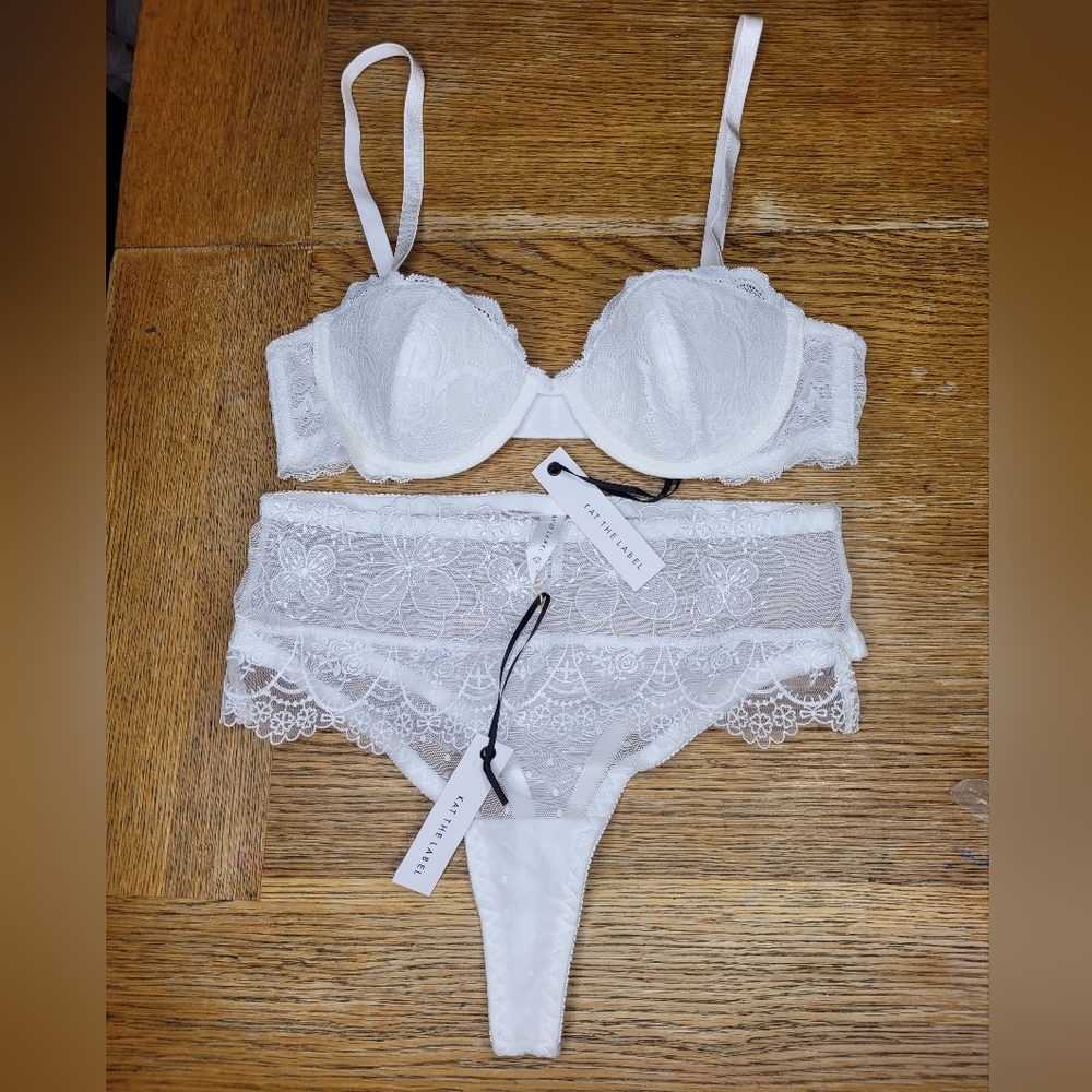 Kat The Label Set Bra Panties Thong White Lingerie Womens Xs Sexy